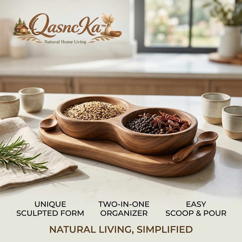 QasncKa™ Premium Wooden Double Serving Bowls with Matching Tray & Spoons | 2-in-1 Sculpted Wood Condiment Server, Spice Organizer, Salt & Pepper Cellar Set for Kitchen, Dining, Snacks & Dipping