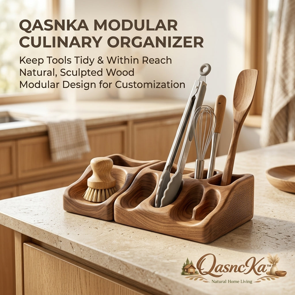 QasncKa™ Modular Culinary Organizer – Sculpted Natural Wood Utensil Holder, Modern Rustic Countertop Storage Stand for Kitchen Tools & Spoons