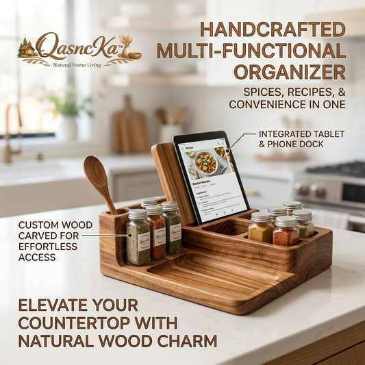 QasncKa™ Handcrafted Wooden Kitchen Organizer - Multi-Functional Spice Rack and Utensil Holder with Integrated Tablet & Phone Stand, Premium Natural Wood Countertop Storage Tray for Recipe Reading & Cooking Convenience