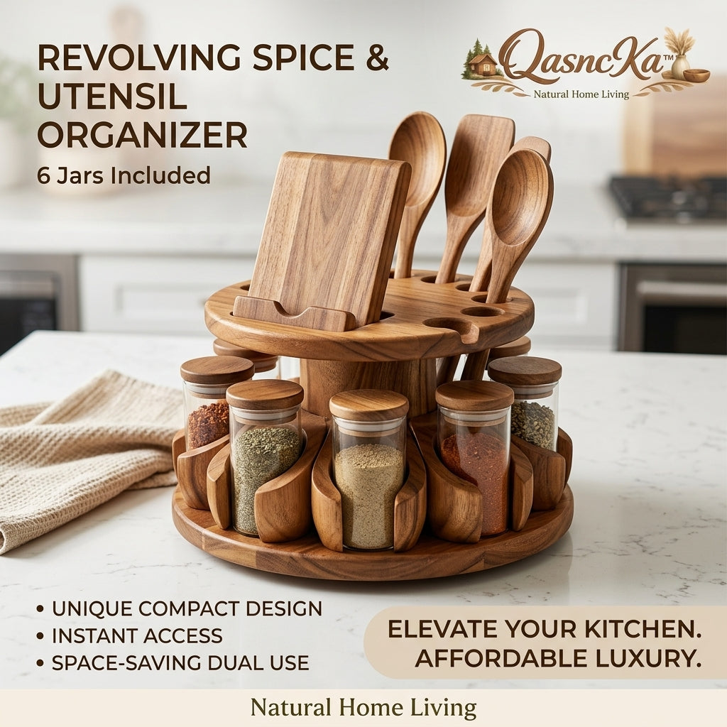 QasncKa™ 2-in-1 Revolving Spice Rack & Utensil Organizer | 360° Rotating Kitchen Storage with 6 Glass Jars | Wooden Countertop Spice Holder & Recipe/Tablet Stand for Modern Kitchens