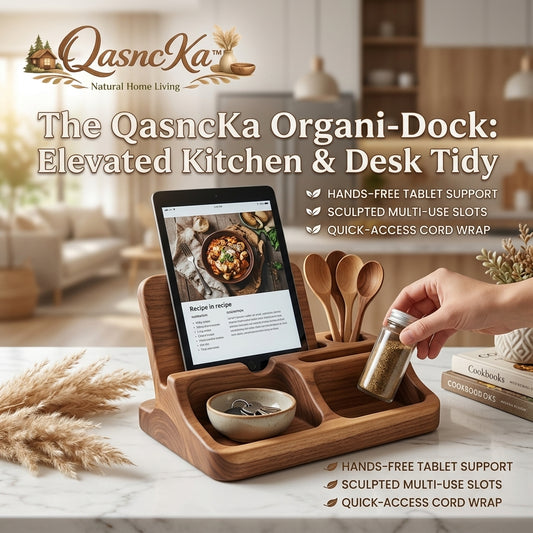 QasncKa™ Wooden Desk Organizer and Kitchen Tablet Stand - Multi-Functional Utensil Holder, Valet Tray for Keys & Accessories, Phone Docking Station with Cord Wrap - Premium Natural Wood Countertop Tidy for Home & Office
