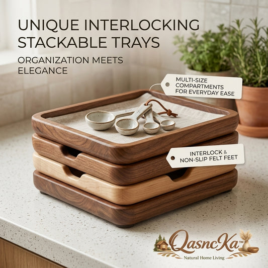 QasncKa™ Stackable Wooden Organizer Trays - Interlocking Decorative Nesting Valet Tray Set for Kitchen Counter, Entryway, Bedroom Dresser & Office Desk - Elegant Multi-Size Hardwood Catch-All Storage with Non-Slip Felt Feet