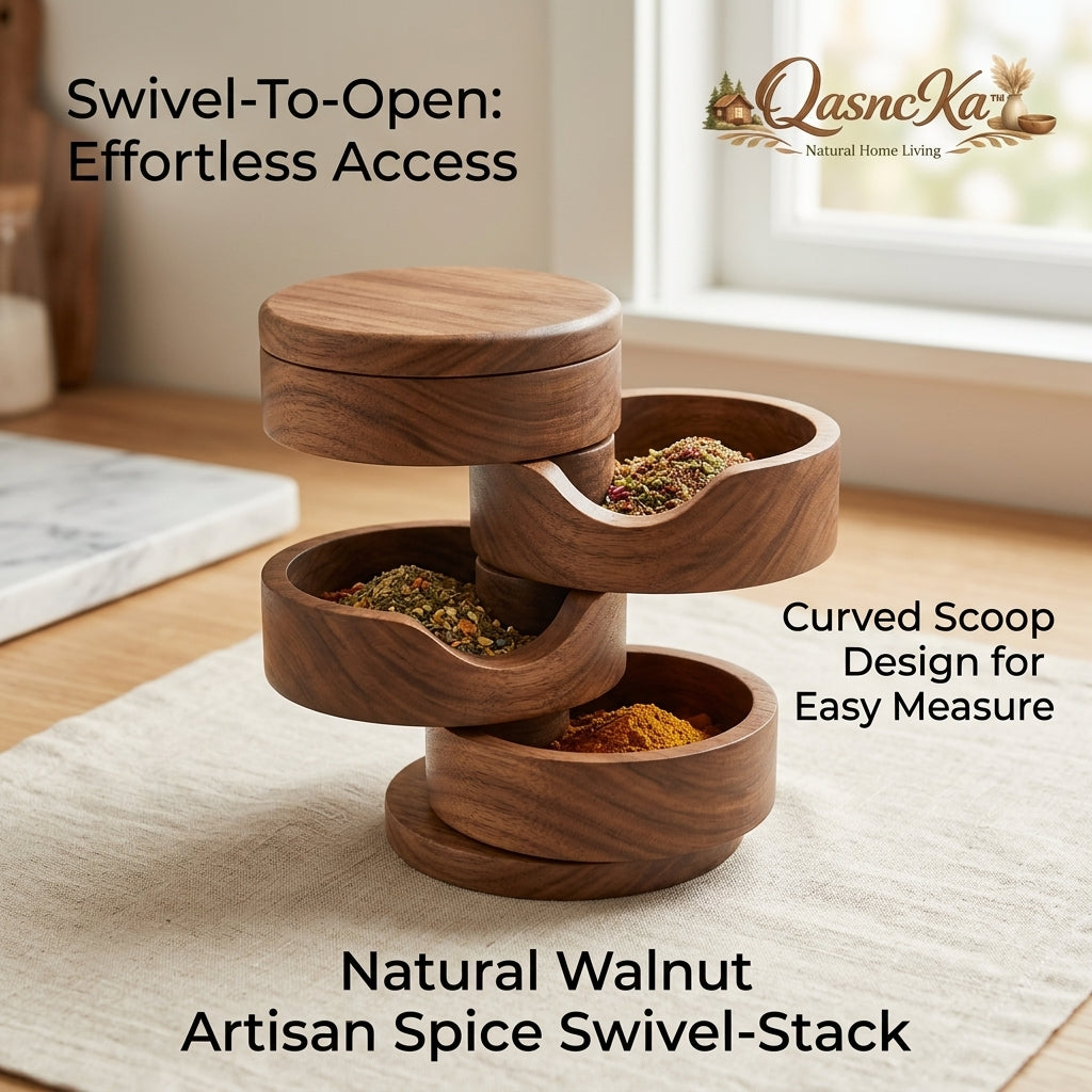 QasncKa™ Natural Walnut Wood Spice Box - 4-Tier Swivel Stack Seasoning Organizer, Wooden Salt Cellar and Pepper Keeper with Curved Scoop Design for Easy Measuring, Premium Artisan Kitchen Storage & Home Decor