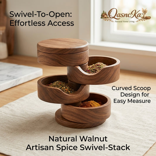 QasncKa™ Natural Walnut Wood Spice Box - 4-Tier Swivel Stack Seasoning Organizer, Wooden Salt Cellar and Pepper Keeper with Curved Scoop Design for Easy Measuring, Premium Artisan Kitchen Storage & Home Decor