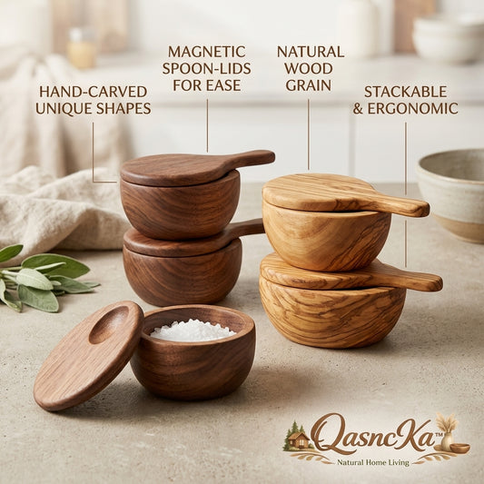 QasncKa™ Magnetic Wooden Salt Cellar and Spice Pinch Bowl Set with Lid | Stackable Hand-Carved Natural Wood Seasoning Keeper, Sugar Bowl, Kitchen Prep Bowls & Countertop Decor