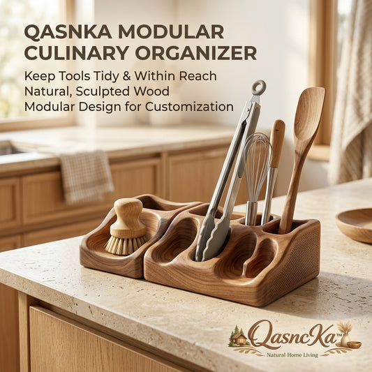 QasncKa™ Modular Culinary Organizer – Sculpted Natural Wood Utensil Holder, Modern Rustic Countertop Storage Stand for Kitchen Tools & Spoons