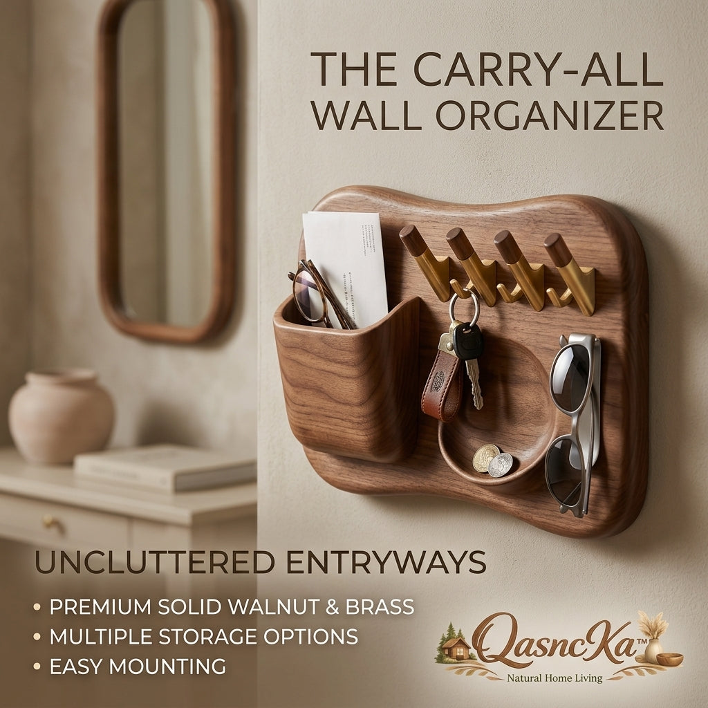 QasncKa™ Solid Walnut Wall Organizer | Entryway Mail Holder with Brass Hooks & Accessory Tray | Minimalist Floating Storage for Keys, Sunglasses, and Coins